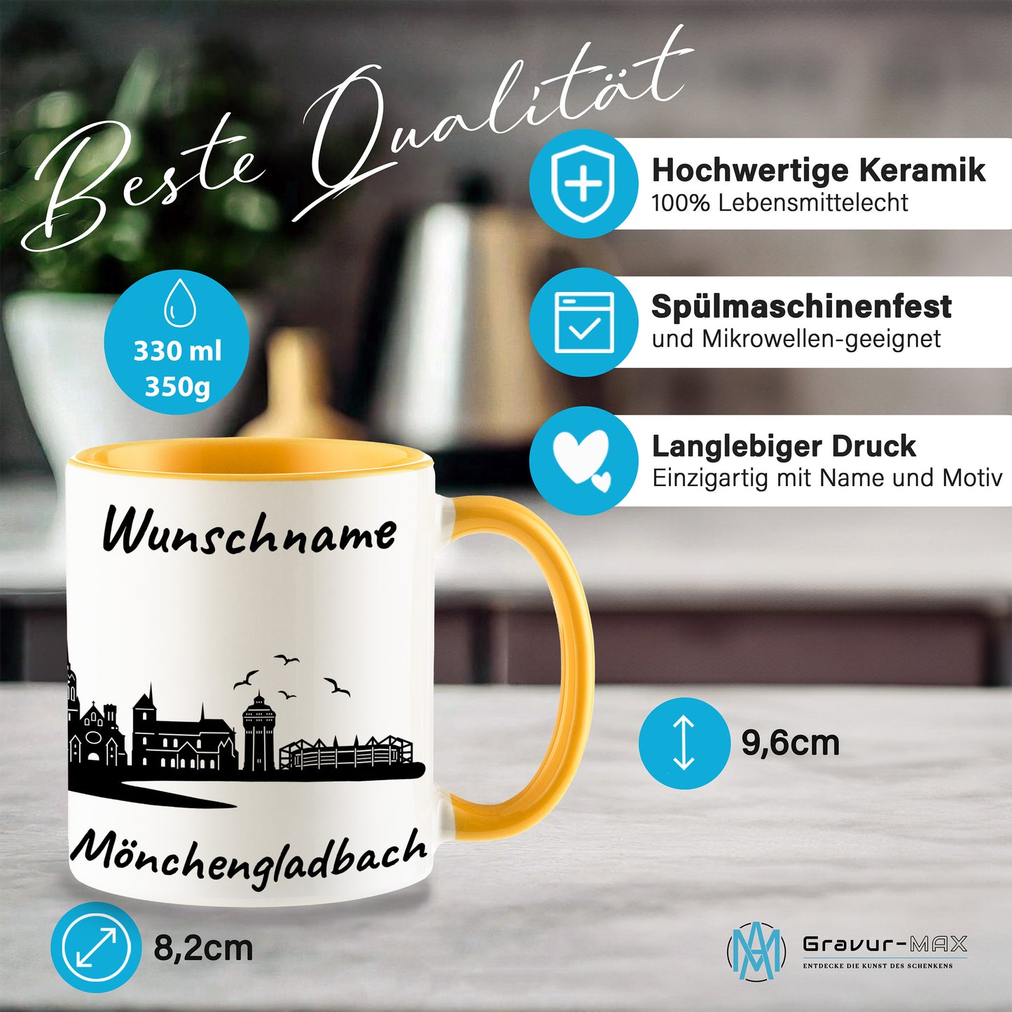 Tasse in Goldgelb 330ml bedruckt mit der Skyline von Mönchengladbach personalisierbar mit Wunschname