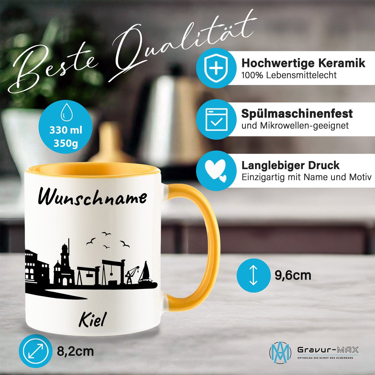 Tasse in Goldgelb 330ml bedruckt mit der Skyline von Kiel personalisierbar mit Wunschname