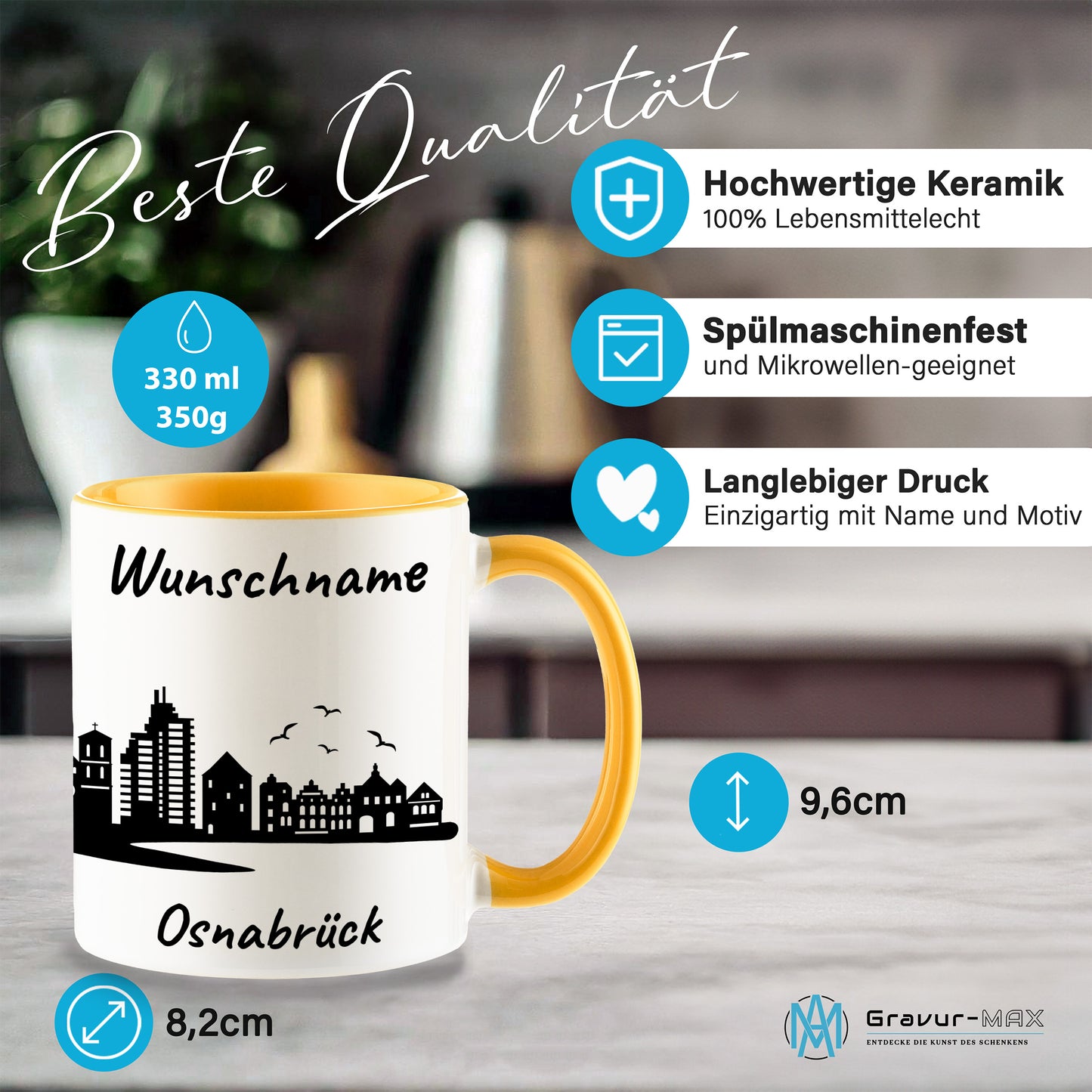 Tasse in Goldgelb 330ml bedruckt mit der Skyline von Osnabrück personalisierbar mit Wunschname