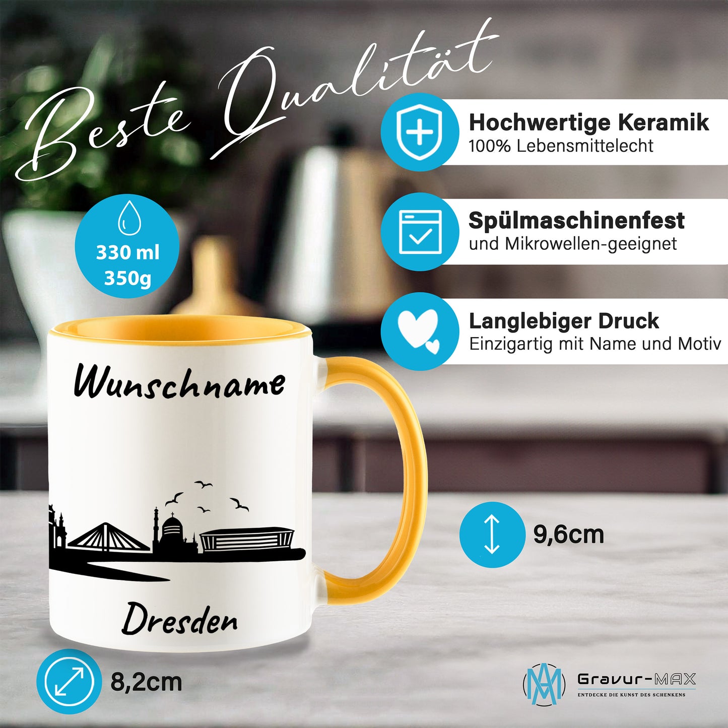 Tasse in Goldgelb 330ml bedruckt mit der Skyline von Dresden personalisierbar mit Wunschname