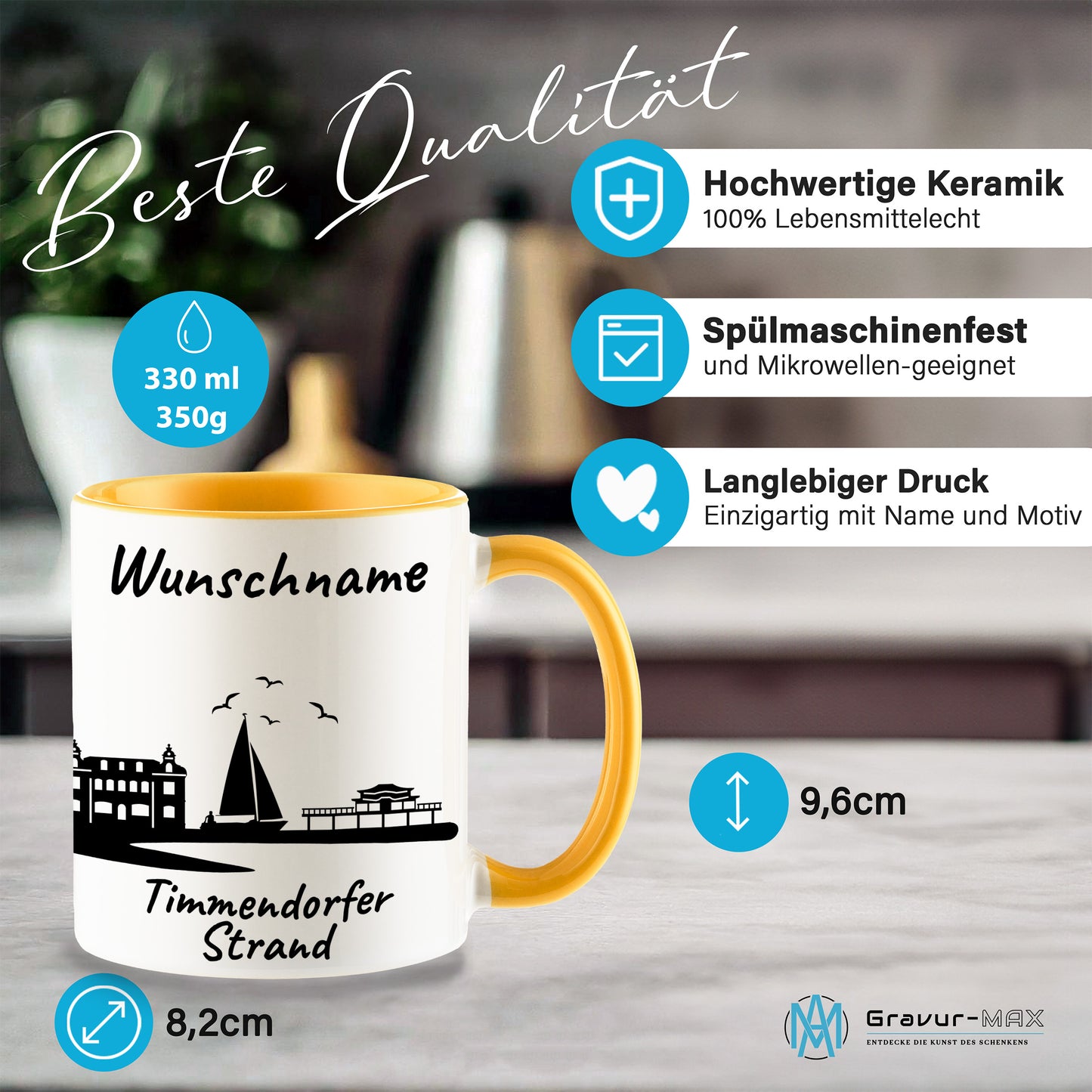 Tasse in Goldgelb 330ml bedruckt mit der Skyline von Timmendorfer Strand personalisierbar mit Wunschname