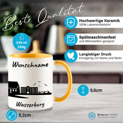 Tasse in Goldgelb 330ml bedruckt mit der Skyline von Wasserburg personalisierbar mit Wunschname