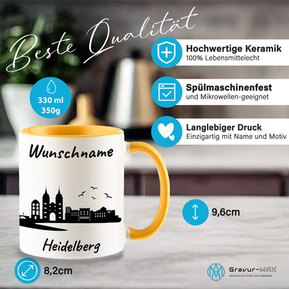 Tasse in Goldgelb 330ml bedruckt mit der Skyline von Heidelberg personalisierbar mit Wunschname
