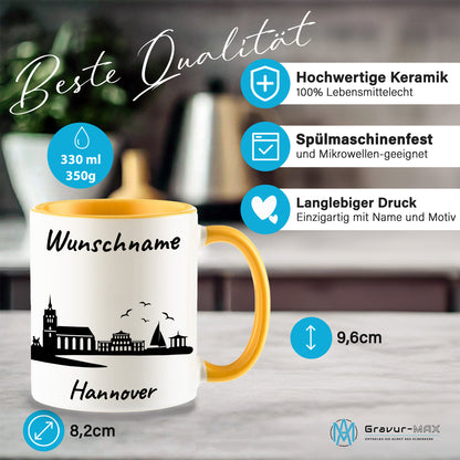 Tasse in Goldgelb 330ml bedruckt mit der Skyline von Hannover personalisierbar mit Wunschname