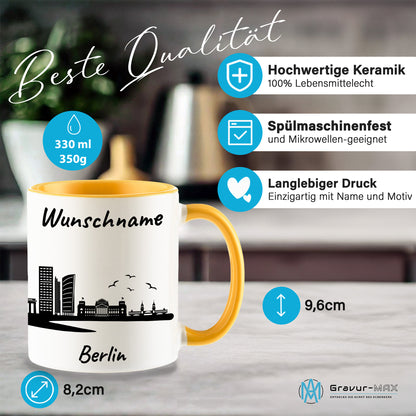 Tasse in Goldgelb 330ml bedruckt mit der Skyline von Berlin personalisierbar mit Wunschname