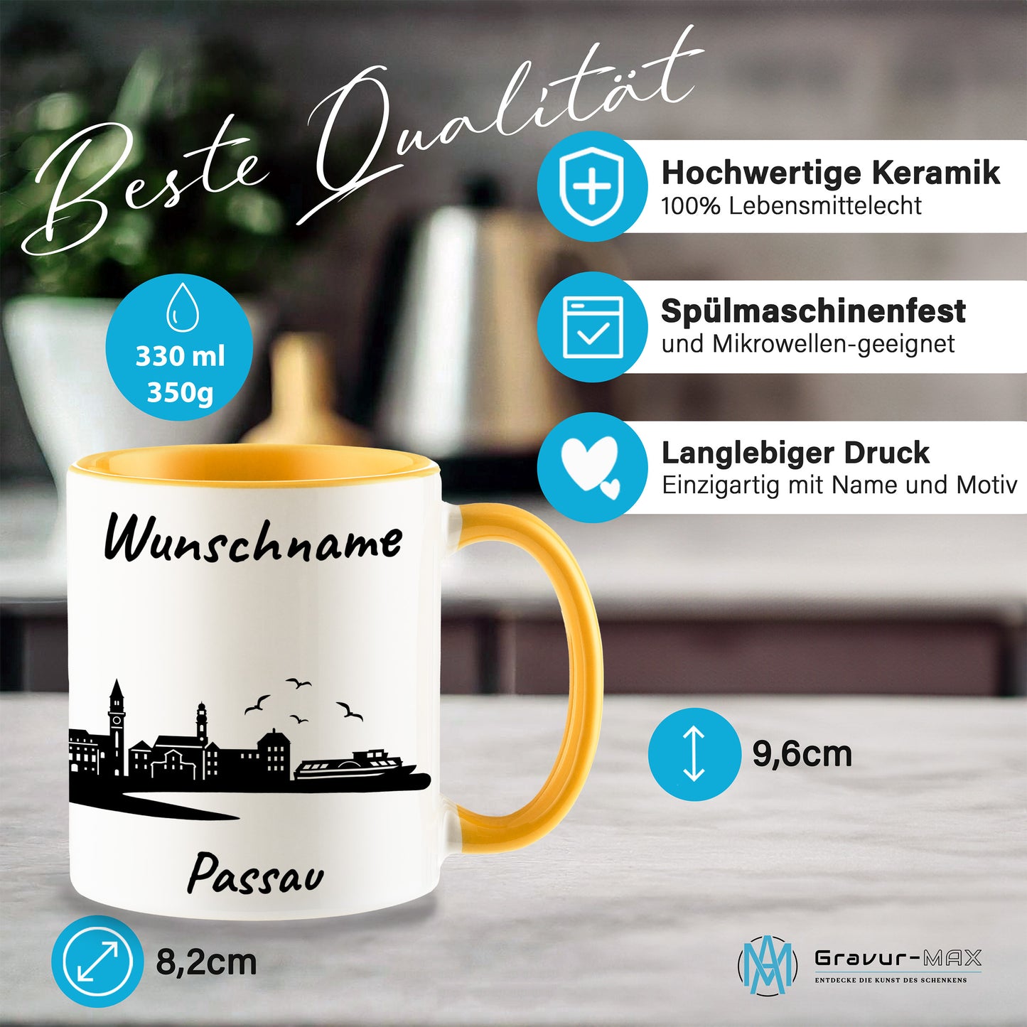 Tasse in Goldgelb 330ml bedruckt mit der Skyline von Passau personalisierbar mit Wunschname