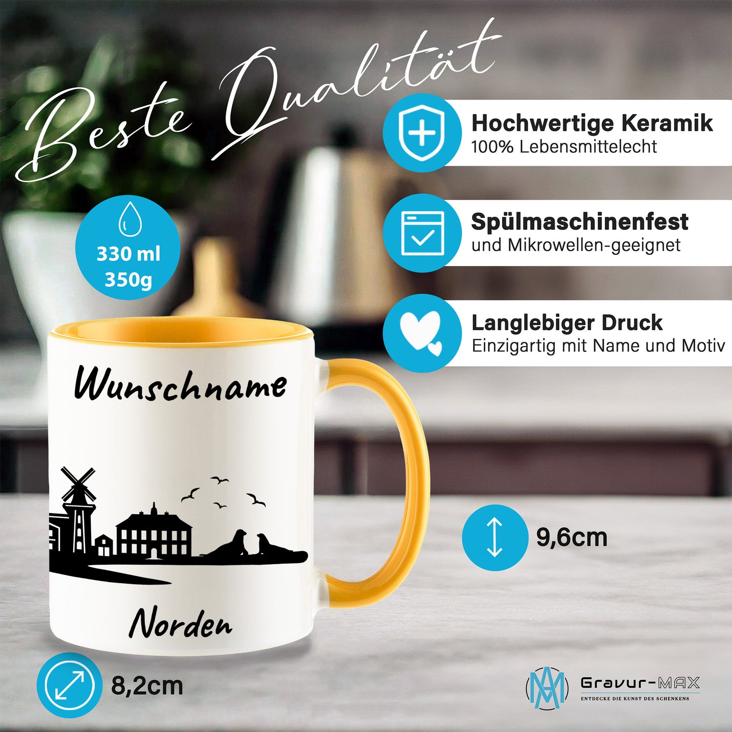 Tasse in Goldgelb 330ml bedruckt mit der Skyline von Norden personalisierbar mit Wunschname