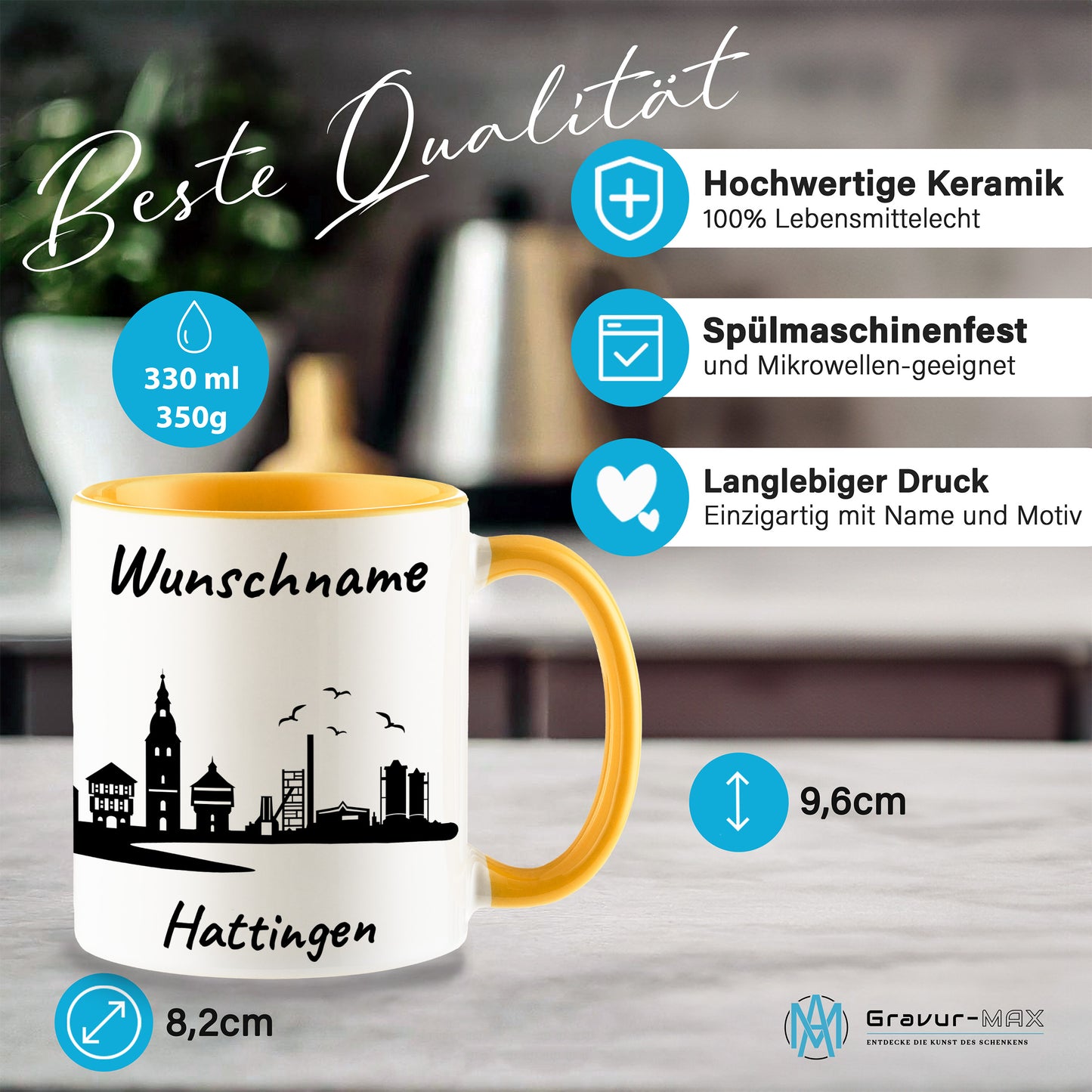 Tasse in Goldgelb 330ml bedruckt mit der Skyline von Hattingen personalisierbar mit Wunschname