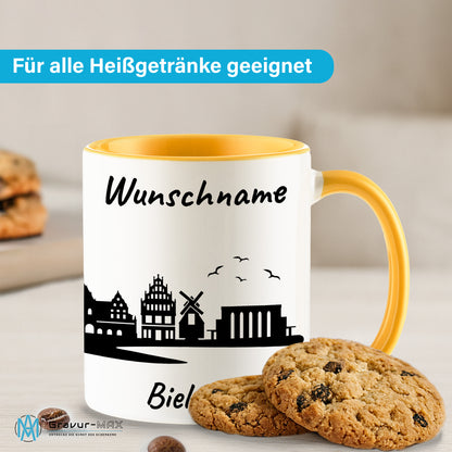 Tasse in Goldgelb 330ml bedruckt mit der Skyline von Bielefeld personalisierbar mit Wunschname