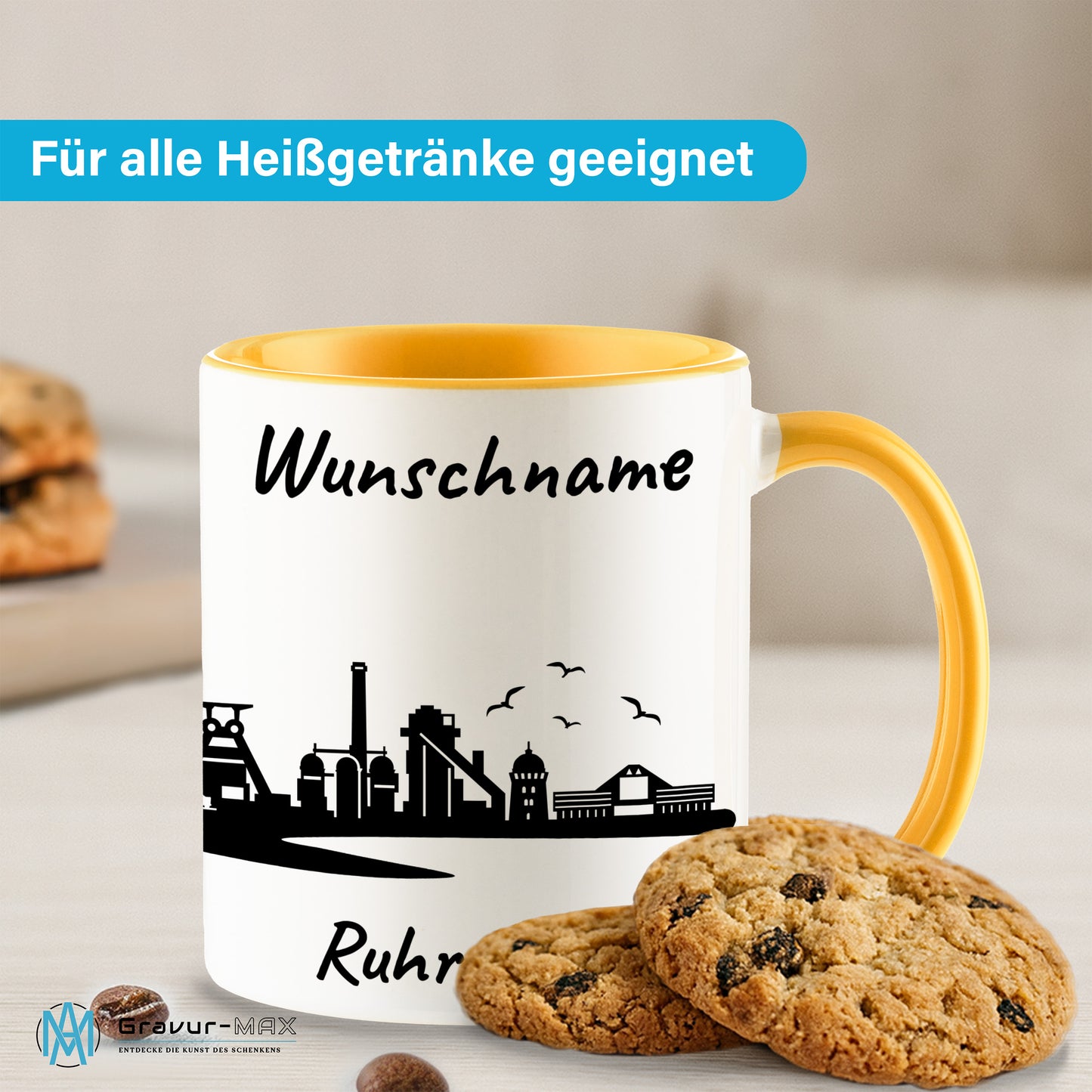 Tasse in Goldgelb 330ml bedruckt mit der Skyline von Ruhrgebiet personalisierbar mit Wunschname