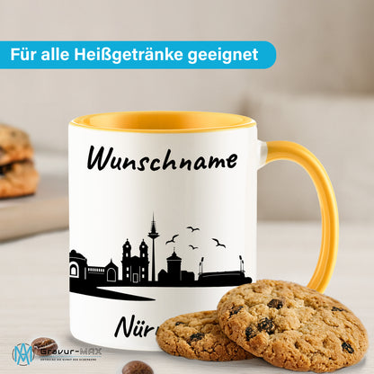 Tasse in Goldgelb 330ml bedruckt mit der Skyline von Nürnberg personalisierbar mit Wunschname