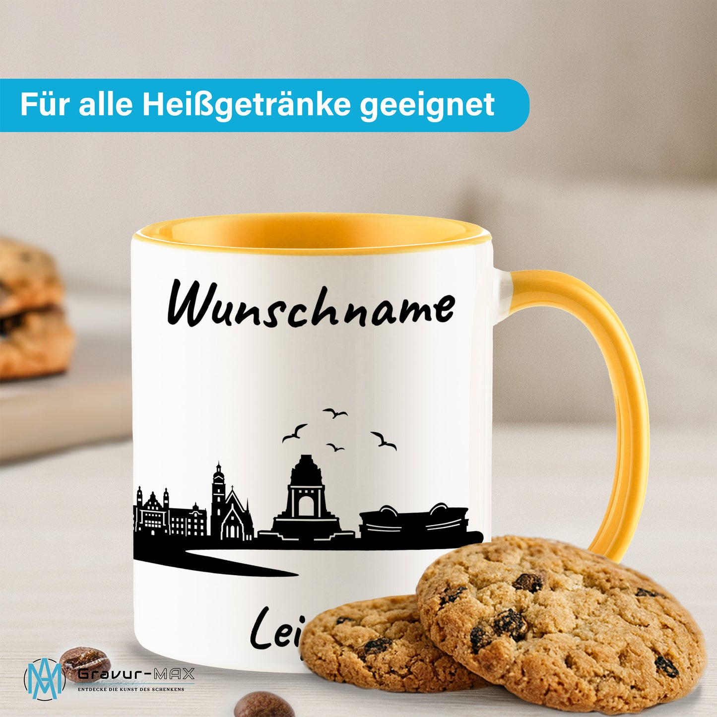 Tasse in Goldgelb 330ml bedruckt mit der Skyline von Leipzig personalisierbar mit Wunschname