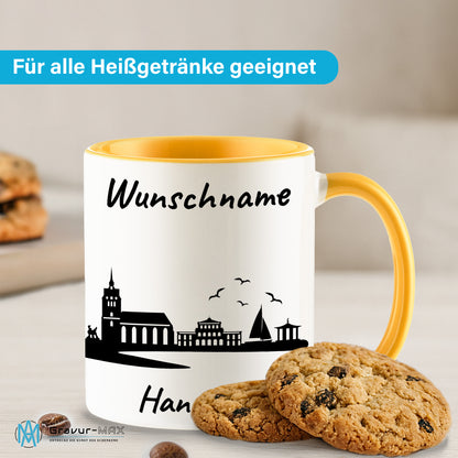 Tasse in Goldgelb 330ml bedruckt mit der Skyline von Hannover personalisierbar mit Wunschname