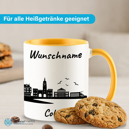 Tasse in Goldgelb 330ml bedruckt mit der Skyline von Coburg personalisierbar mit Wunschname