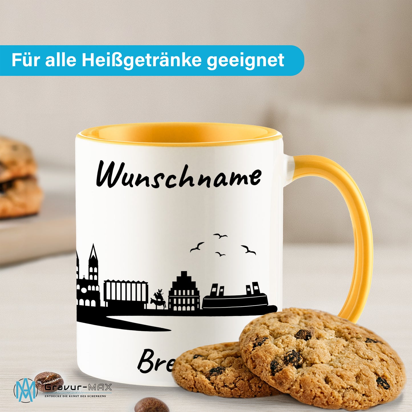 Tasse in Goldgelb 330ml bedruckt mit der Skyline von Bremen personalisierbar mit Wunschname
