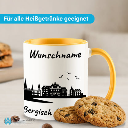 Tasse in Goldgelb 330ml bedruckt mit der Skyline von Bergisch Gladbach personalisierbar mit Wunschname