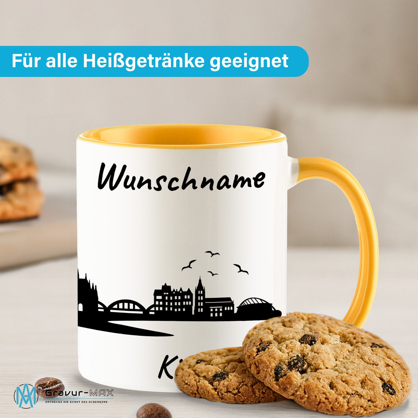 Tasse in Goldgelb 330ml bedruckt mit der Skyline von Köln personalisierbar mit Wunschname