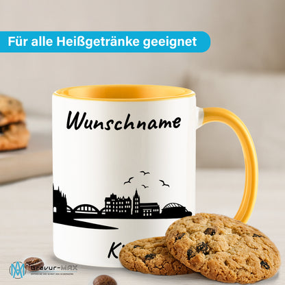 Tasse in Goldgelb 330ml bedruckt mit der Skyline von Köln personalisierbar mit Wunschname