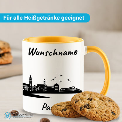Tasse in Goldgelb 330ml bedruckt mit der Skyline von Passau personalisierbar mit Wunschname