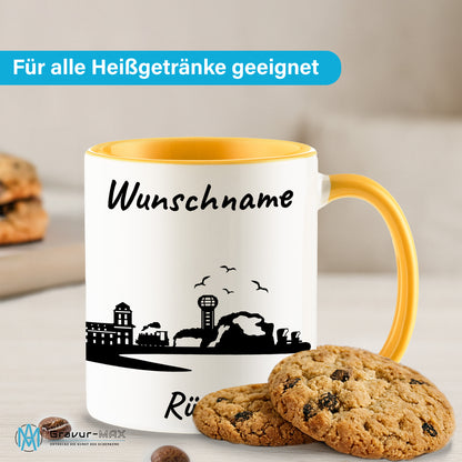 Tasse in Goldgelb 330ml bedruckt mit der Skyline von Rügen personalisierbar mit Wunschname