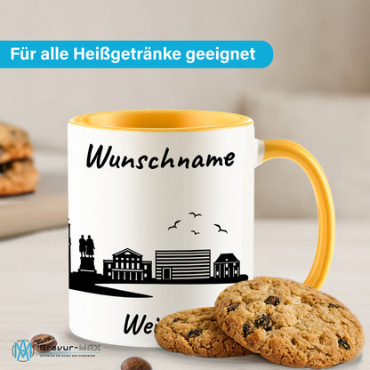 Tasse in Goldgelb 330ml bedruckt mit der Skyline von Weimar personalisierbar mit Wunschname