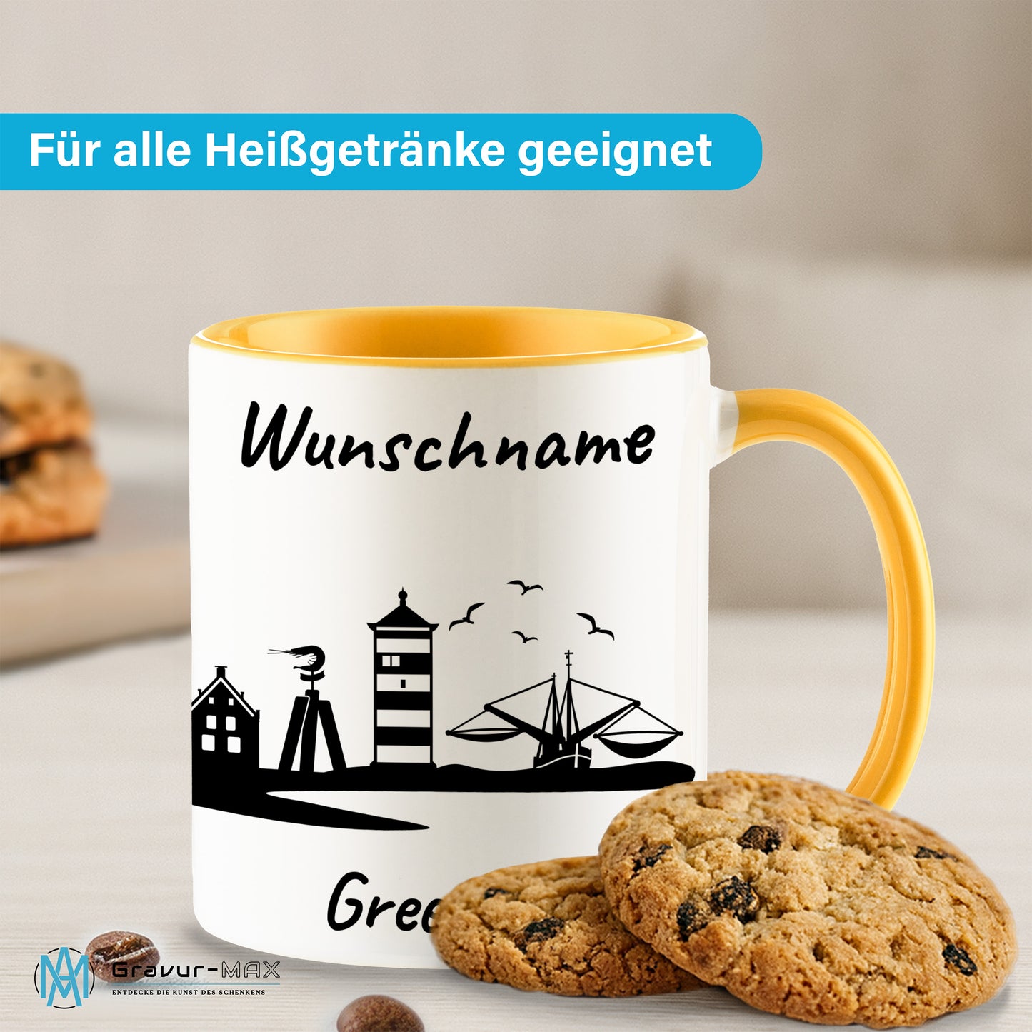 Tasse in Goldgelb 330ml bedruckt mit der Skyline von Greetsiel personalisierbar mit Wunschname