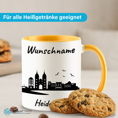 Tasse in Goldgelb 330ml bedruckt mit der Skyline von Heidelberg personalisierbar mit Wunschname