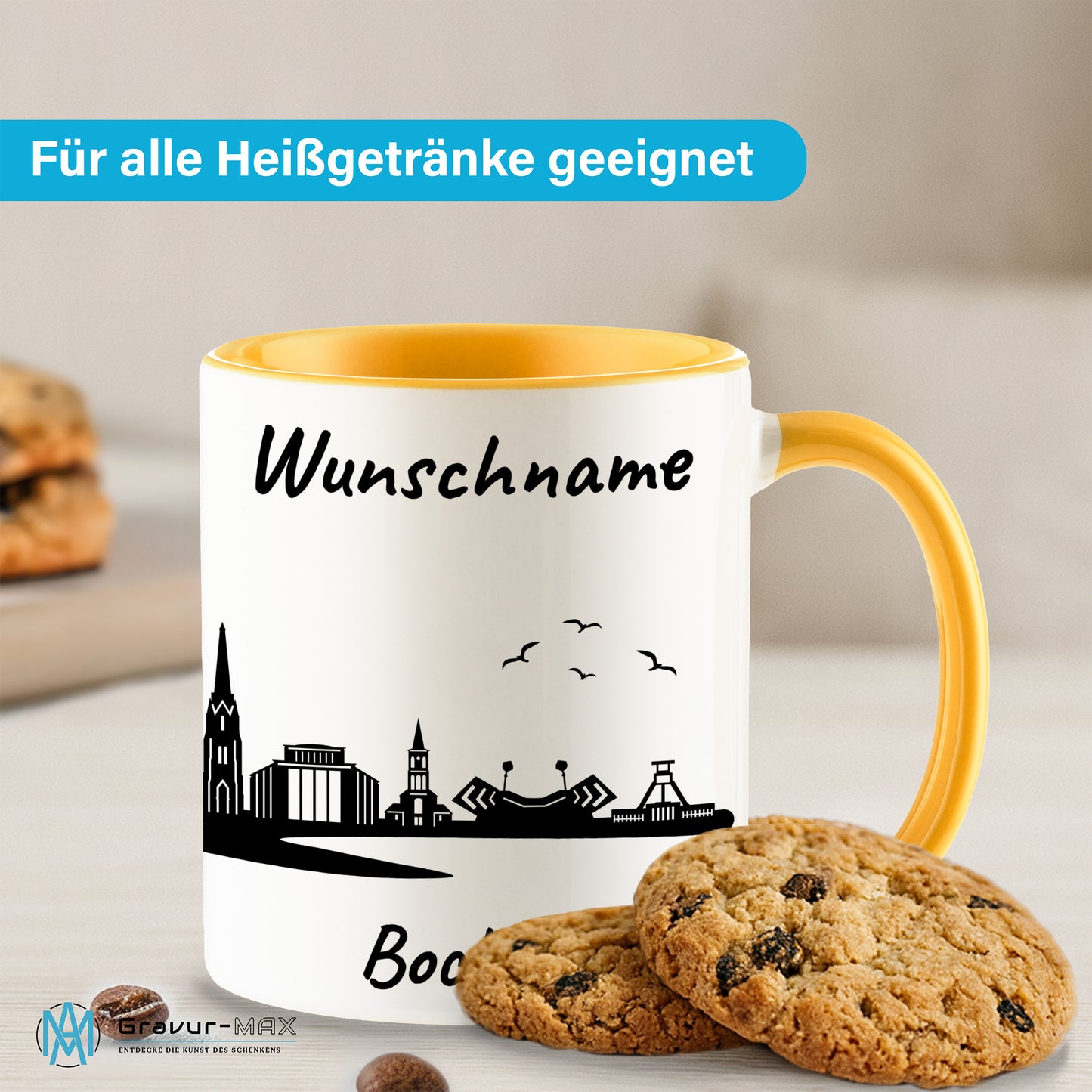 Tasse in Goldgelb 330ml bedruckt mit der Skyline von Bochum personalisierbar mit Wunschname