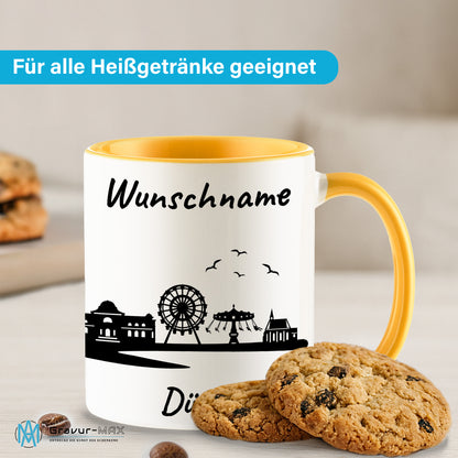 Tasse in Goldgelb 330ml bedruckt mit der Skyline von Düren personalisierbar mit Wunschname