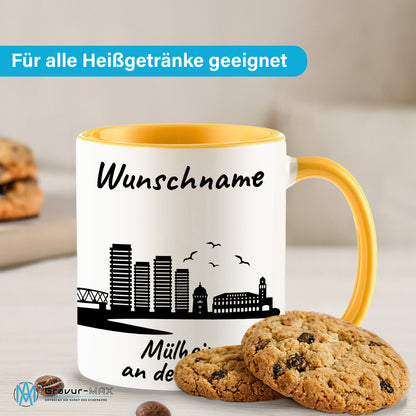 Tasse in Goldgelb 330ml bedruckt mit der Skyline von Mülheim an der Ruhr personalisierbar mit Wunschname