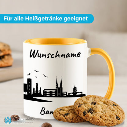 Tasse in Goldgelb 330ml bedruckt mit der Skyline von Bamberg personalisierbar mit Wunschname