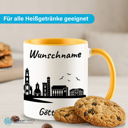 Tasse in Goldgelb 330ml bedruckt mit der Skyline von Göttingen personalisierbar mit Wunschname