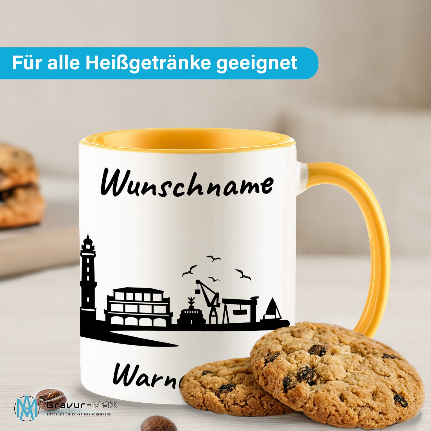 Tasse in Goldgelb 330ml bedruckt mit der Skyline von Warnemünde personalisierbar mit Wunschname