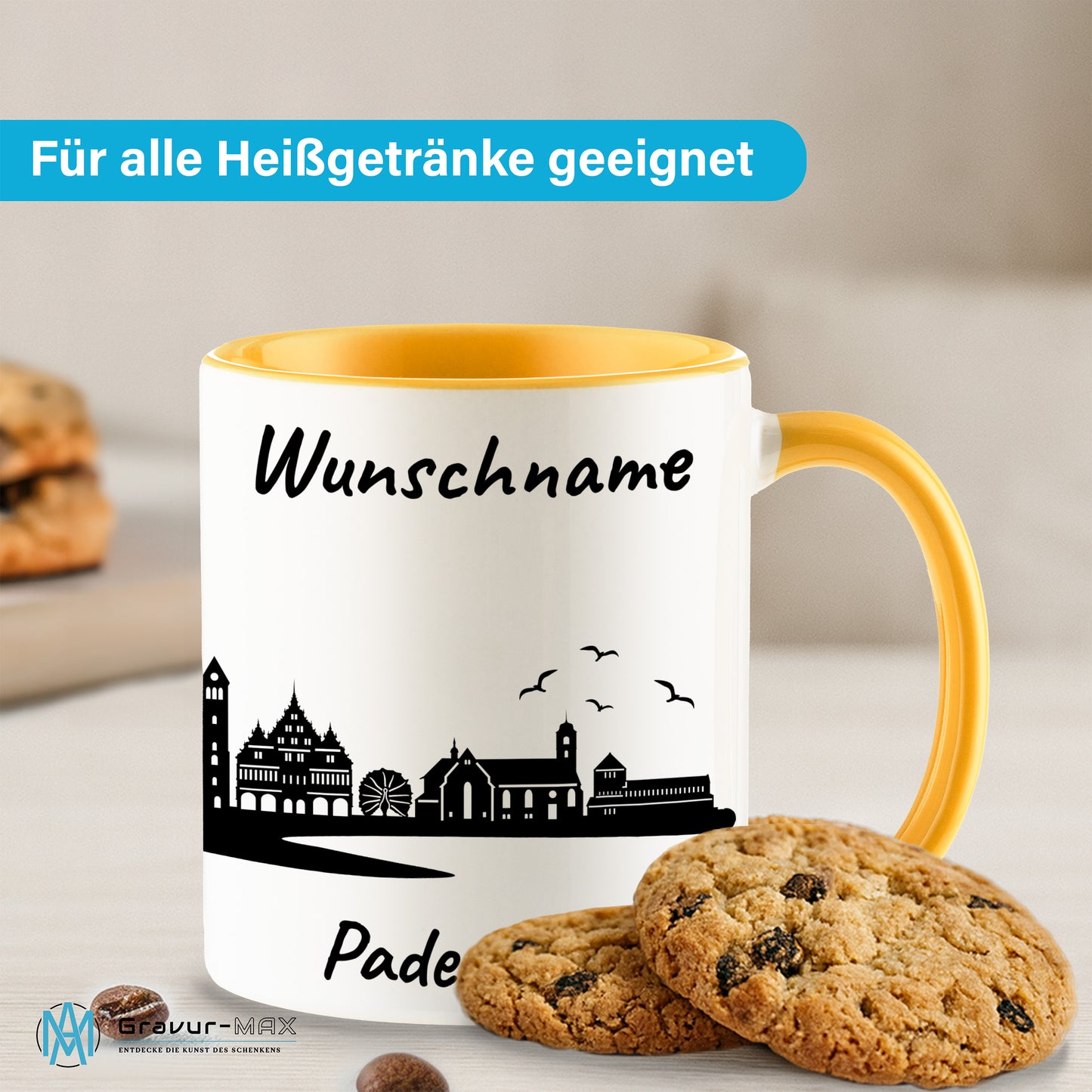 Tasse in Goldgelb 330ml bedruckt mit der Skyline von Paderborn personalisierbar mit Wunschname