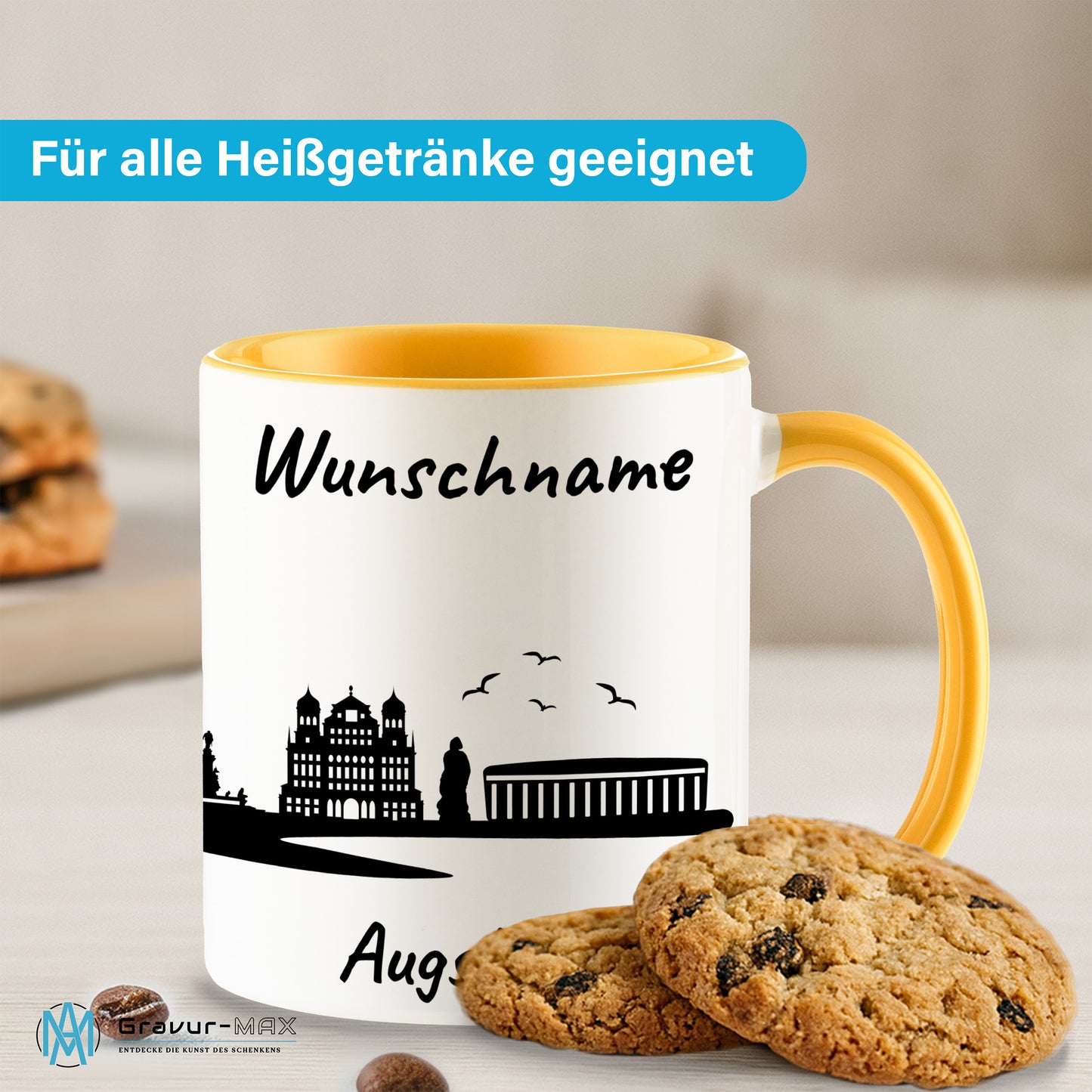 Tasse in Goldgelb 330ml bedruckt mit der Skyline von Augsburg personalisierbar mit Wunschname