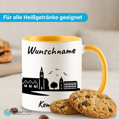 Tasse in Goldgelb 330ml bedruckt mit der Skyline von Kempten personalisierbar mit Wunschname