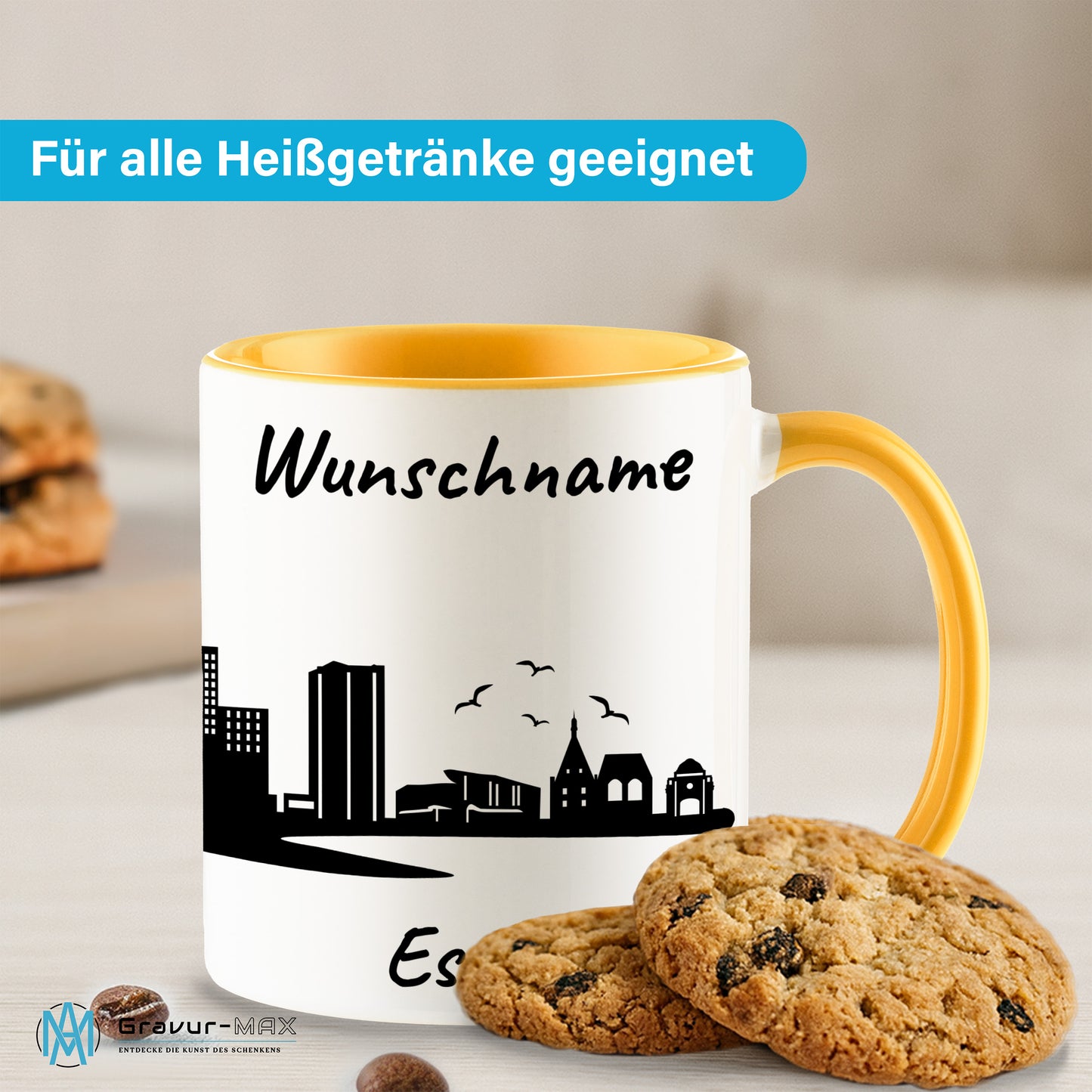 Tasse in Goldgelb 330ml bedruckt mit der Skyline von Essen personalisierbar mit Wunschname