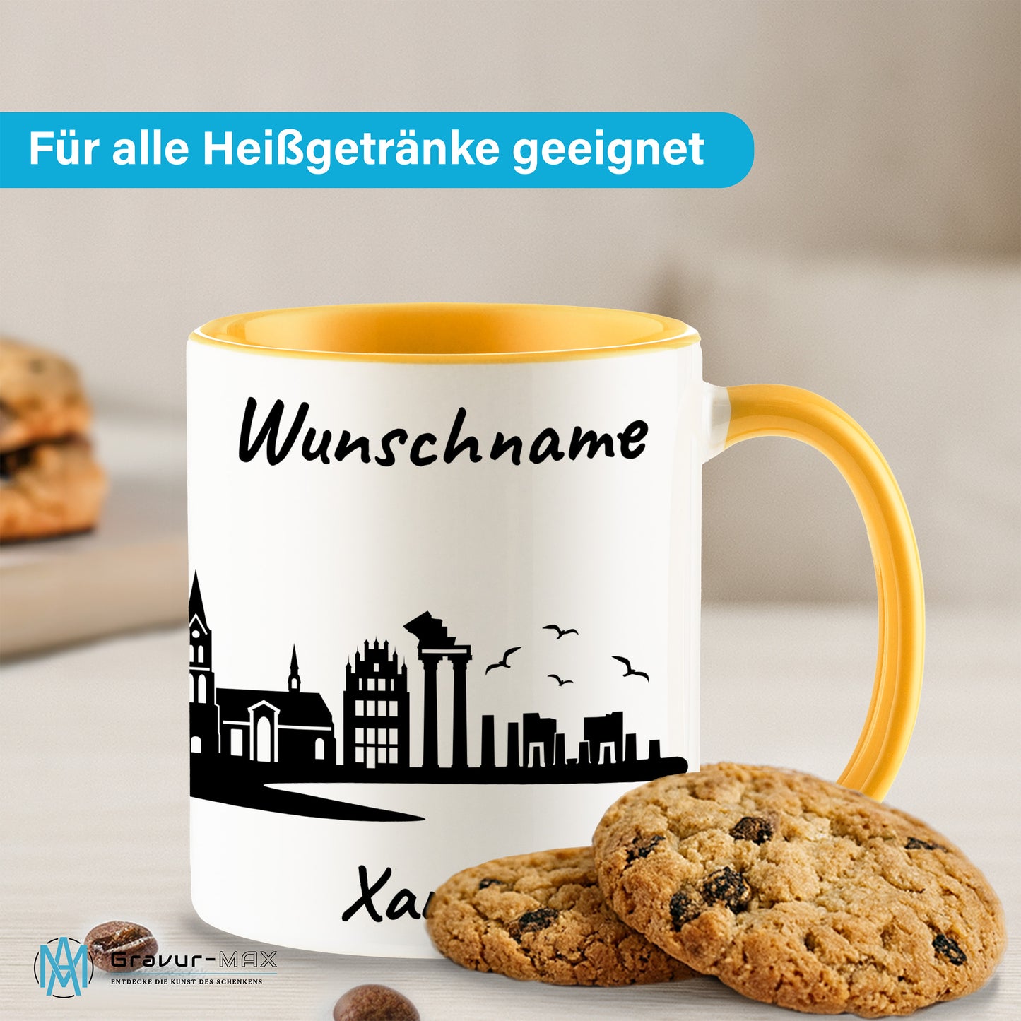 Tasse in Goldgelb 330ml bedruckt mit der Skyline von Xanten personalisierbar mit Wunschname