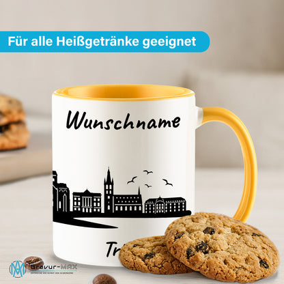 Tasse in Goldgelb 330ml bedruckt mit der Skyline von Trier personalisierbar mit Wunschname