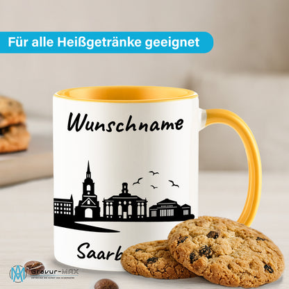 Tasse in Goldgelb 330ml bedruckt mit der Skyline von Saarbrücken personalisierbar mit Wunschname