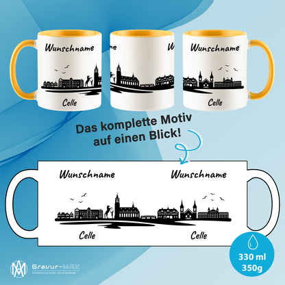 Tasse in Goldgelb 330ml bedruckt mit der Skyline von Celle personalisierbar mit Wunschname