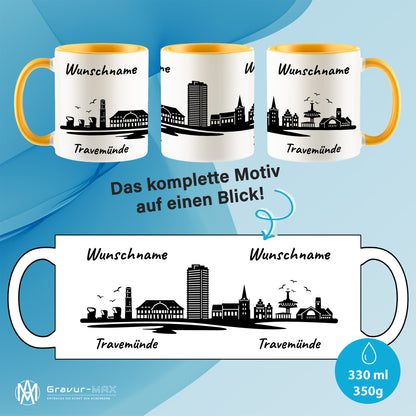 Tasse in Goldgelb 330ml bedruckt mit der Skyline von Travemünde personalisierbar mit Wunschname