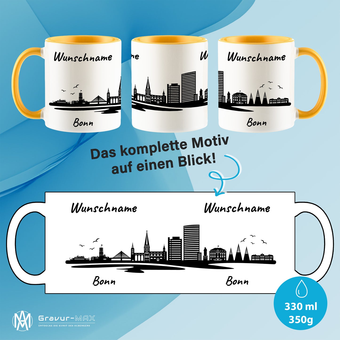 Tasse in Goldgelb 330ml bedruckt mit der Skyline von Bonn personalisierbar mit Wunschname