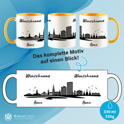 Tasse in Goldgelb 330ml bedruckt mit der Skyline von Bonn personalisierbar mit Wunschname
