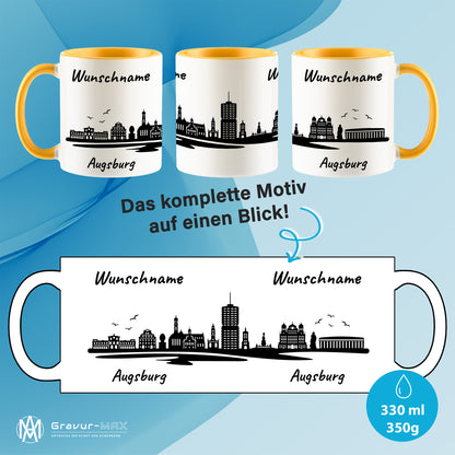 Tasse in Goldgelb 330ml bedruckt mit der Skyline von Augsburg personalisierbar mit Wunschname