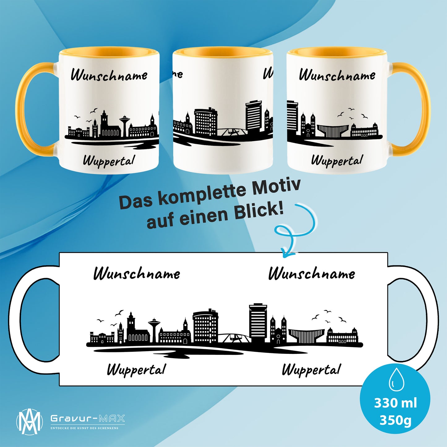 Tasse in Goldgelb 330ml bedruckt mit der Skyline von Wuppertal personalisierbar mit Wunschname