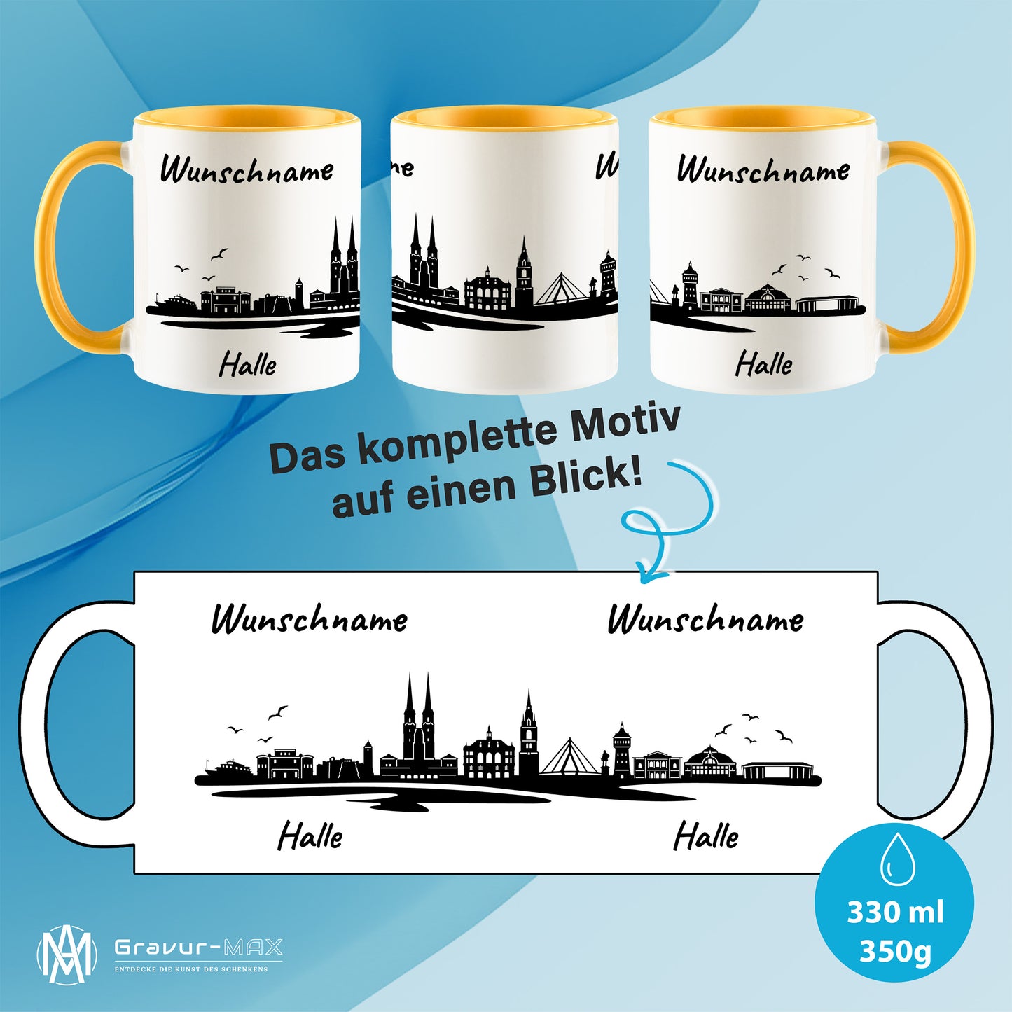 Tasse in Goldgelb 330ml bedruckt mit der Skyline von Halle personalisierbar mit Wunschname