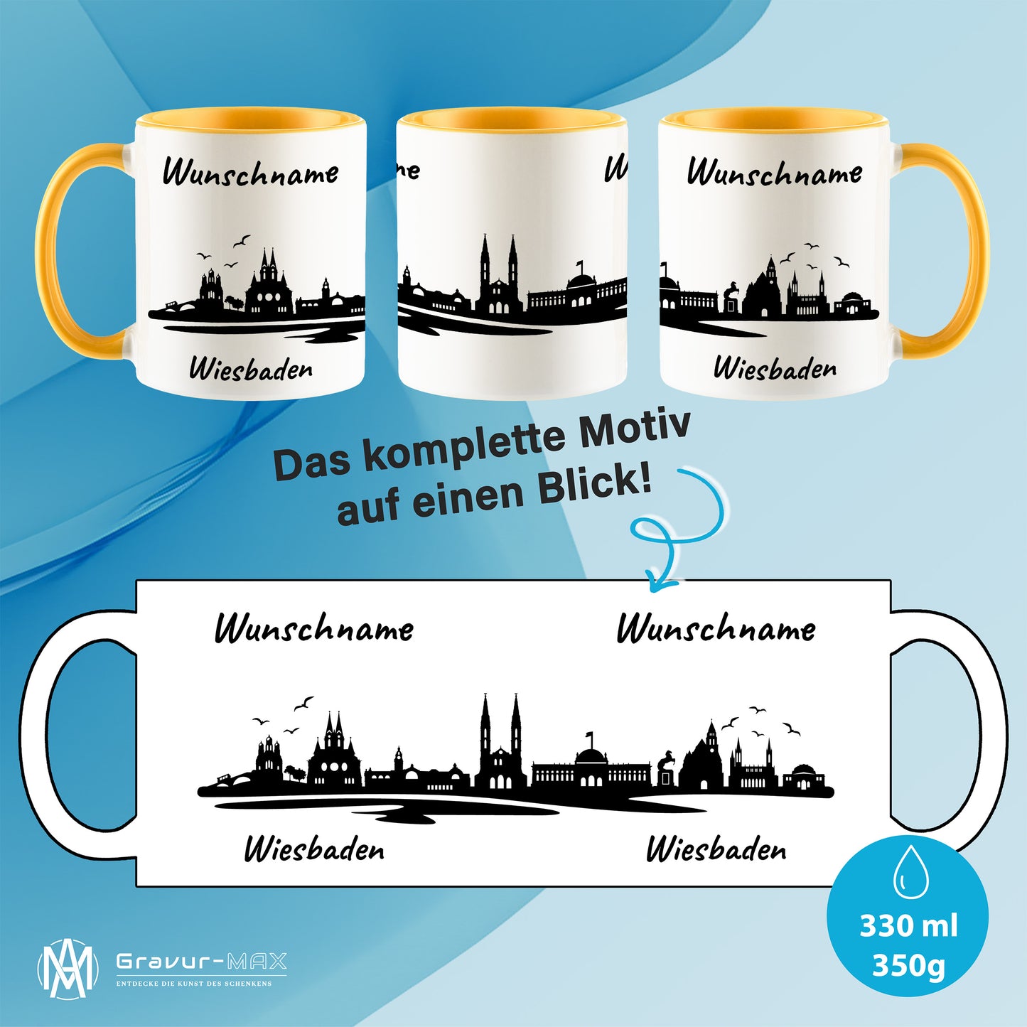 Tasse in Goldgelb 330ml bedruckt mit der Skyline von Wiesbaden personalisierbar mit Wunschname