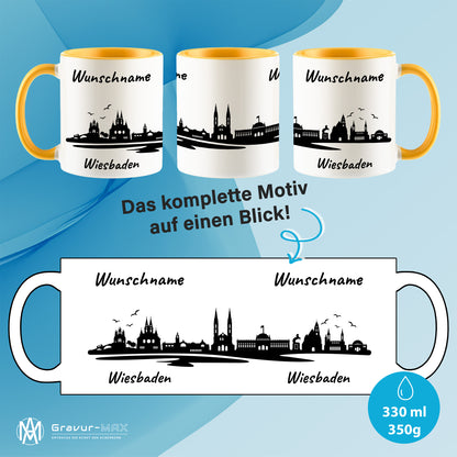 Tasse in Goldgelb 330ml bedruckt mit der Skyline von Wiesbaden personalisierbar mit Wunschname
