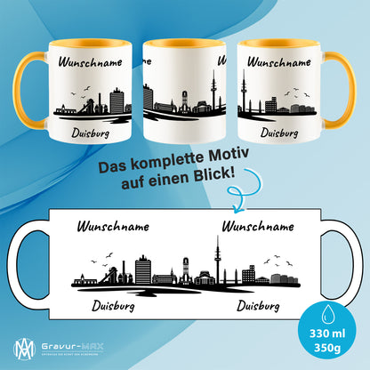 Tasse in Goldgelb 330ml bedruckt mit der Skyline von Duisburg personalisierbar mit Wunschname